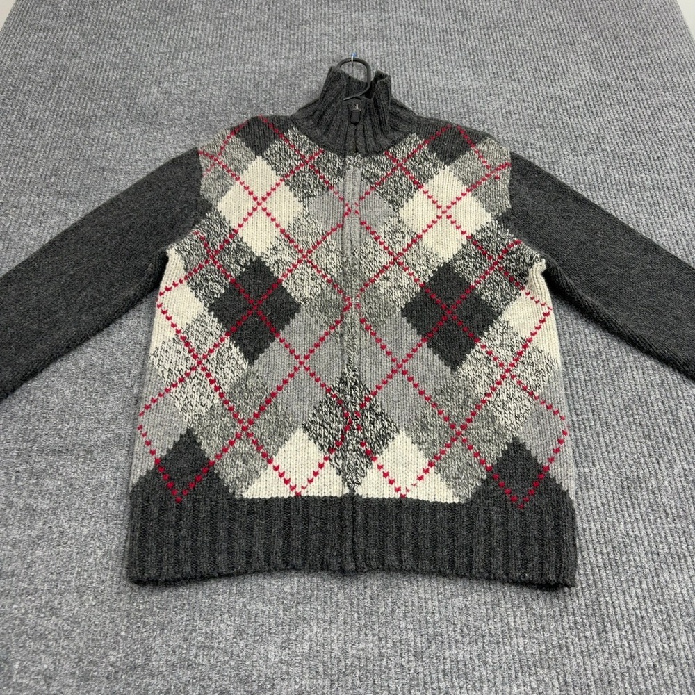 Gant Sweater Mens M Gray Lambswool Argyle Full Zip Mock Neck Preppy Style